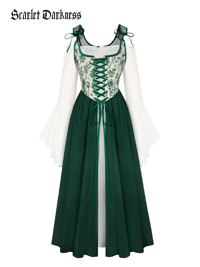 Scarlet Darkness Whimsical Fantasy Jacquard Fairy 2pcs Set Dress Green