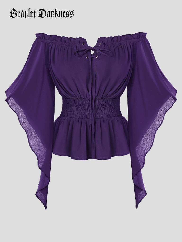 Scarlet Darkness Gothic Halloween Witch Comfy Off-Shoulder Tops Purple