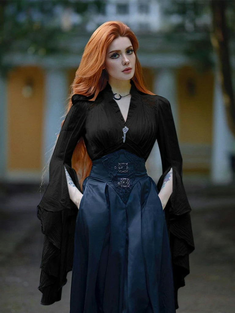Scarlet Darkness Women Victorian Gothic Pirate Flare Sleeve Shirt Black