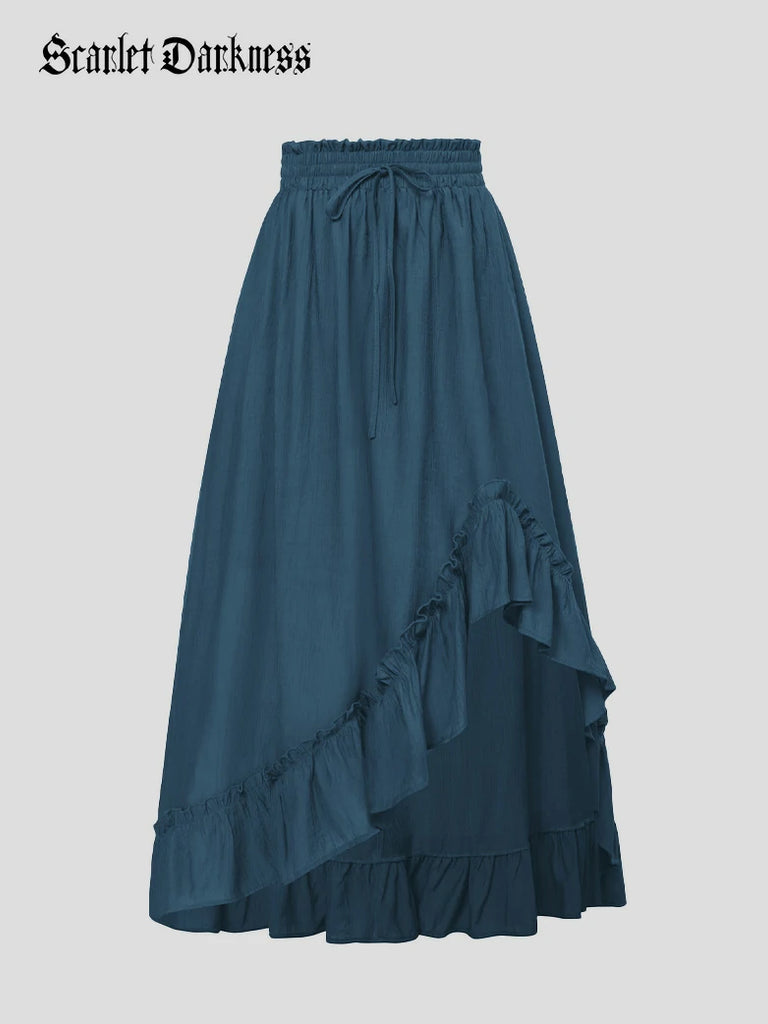 Scarlet Darkness Slub Cotton Renaissance Drawstring Waist Pocket Skirt Blue