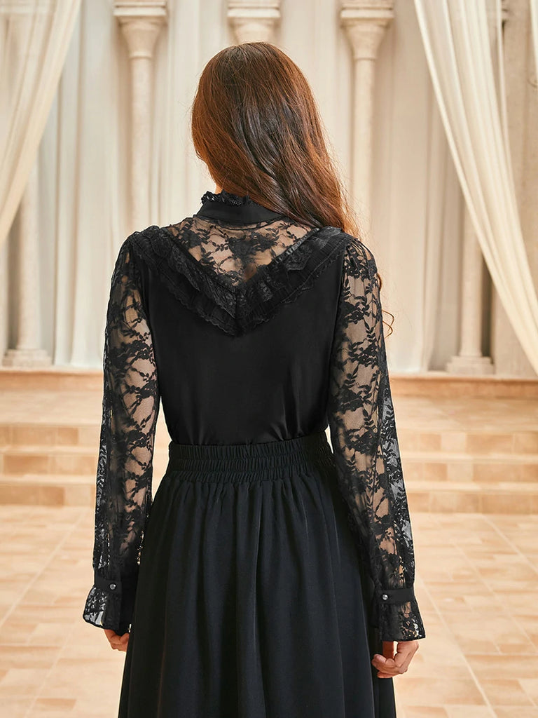 Scarlet Darkness Victorian Lace Patchwork Stand Collar Shirt Tops