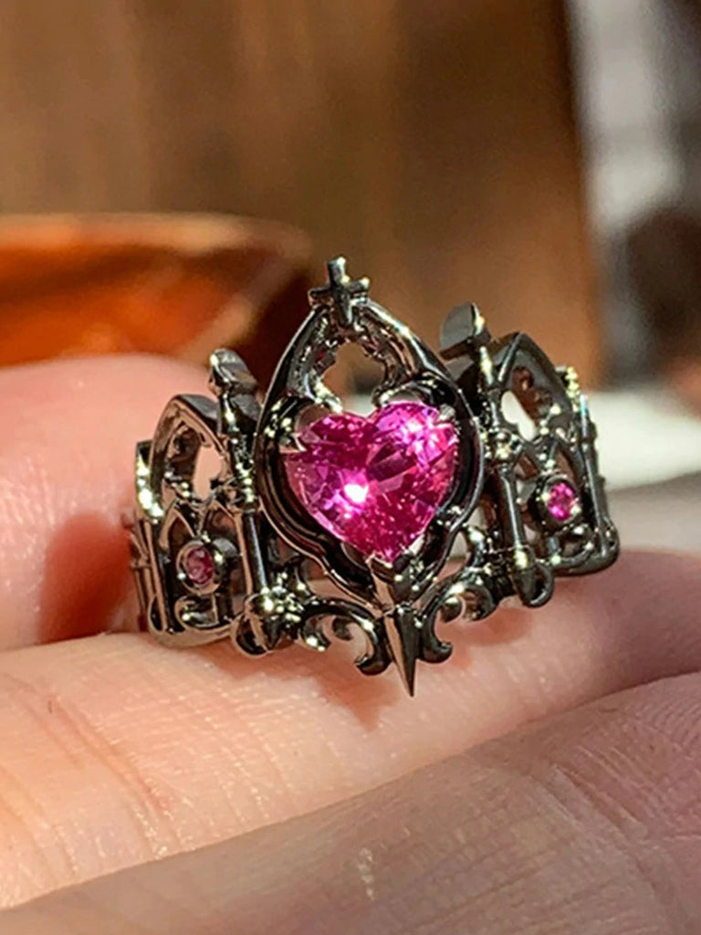 Scarlet Darkness Gothic Crown Pink Diamond Open Ring Silver