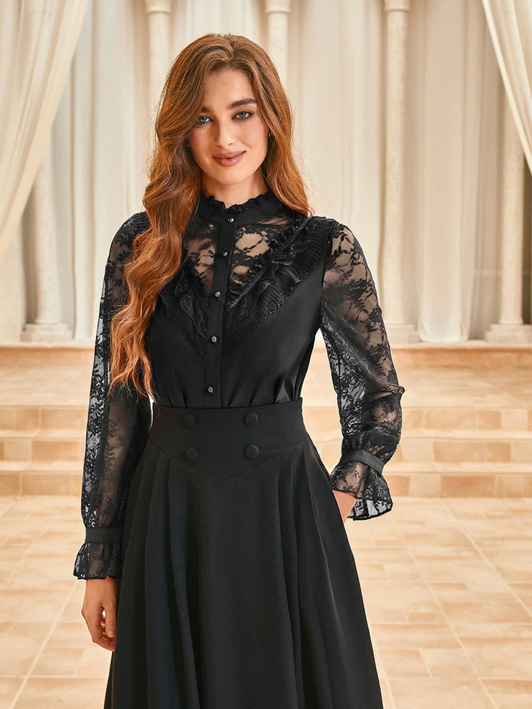 Scarlet Darkness Victorian Lace Patchwork Stand Collar Shirt Tops