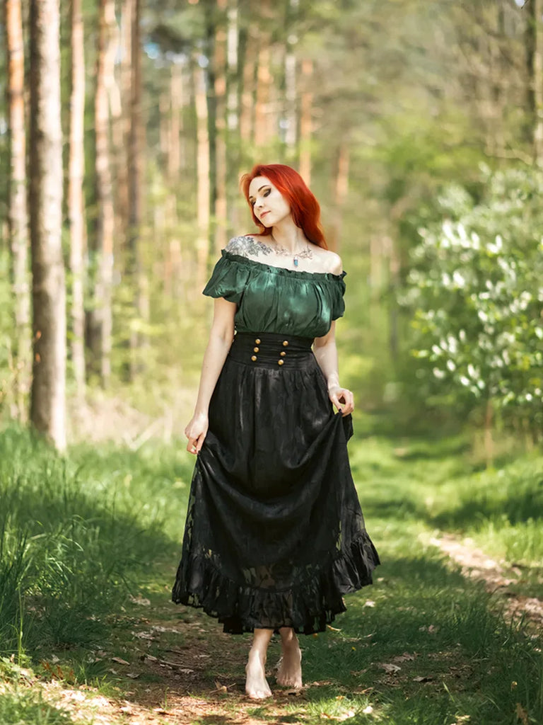 Women Pioneer Costume Classic Prairie Ruffled Hem Flared Skirt Scarlet Darkness