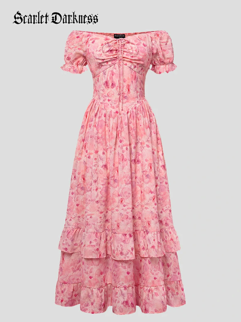 Scarlet Darkness Victoria Off Shoulder Double-Layer Hem Dress with Pockets Light pink