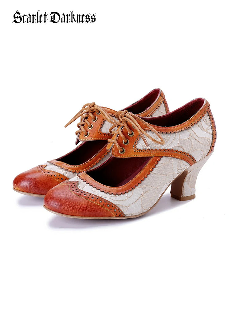 Scarlet Darkness Handcrafted Vintage Leather Mary Jane High Heels Foot Length (260-266mm) * Foot Width (98*100mm)