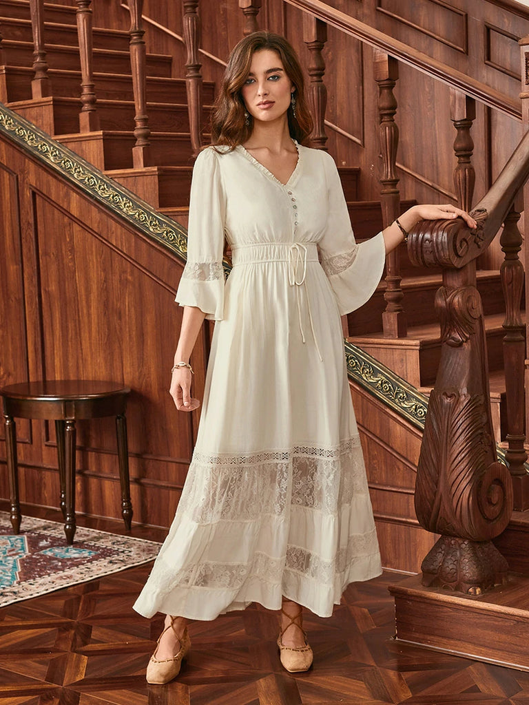 Scarlet Darkness Brown Renaissance Lace Hem Pockets Maxi Dress