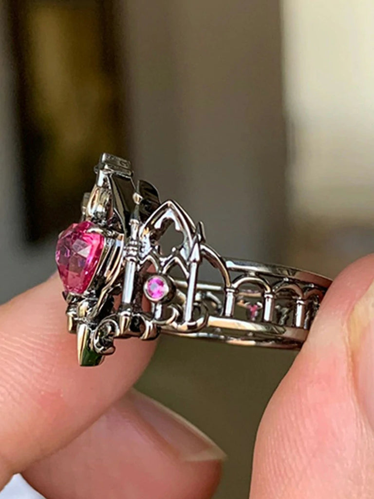 Scarlet Darkness Gothic Crown Pink Diamond Open Ring
