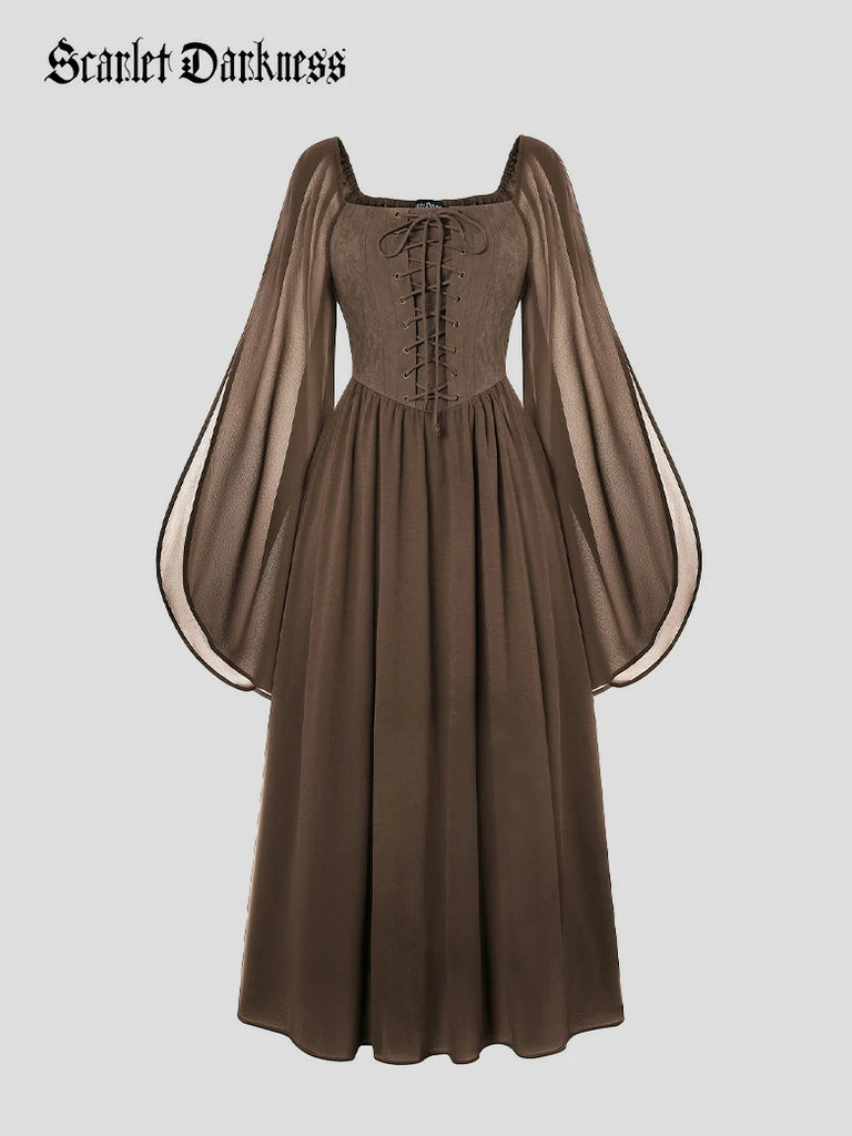 Scarlet Darkness Renaissance Corset Dress Contrast Slit Sleeve Pocket Dress Brown