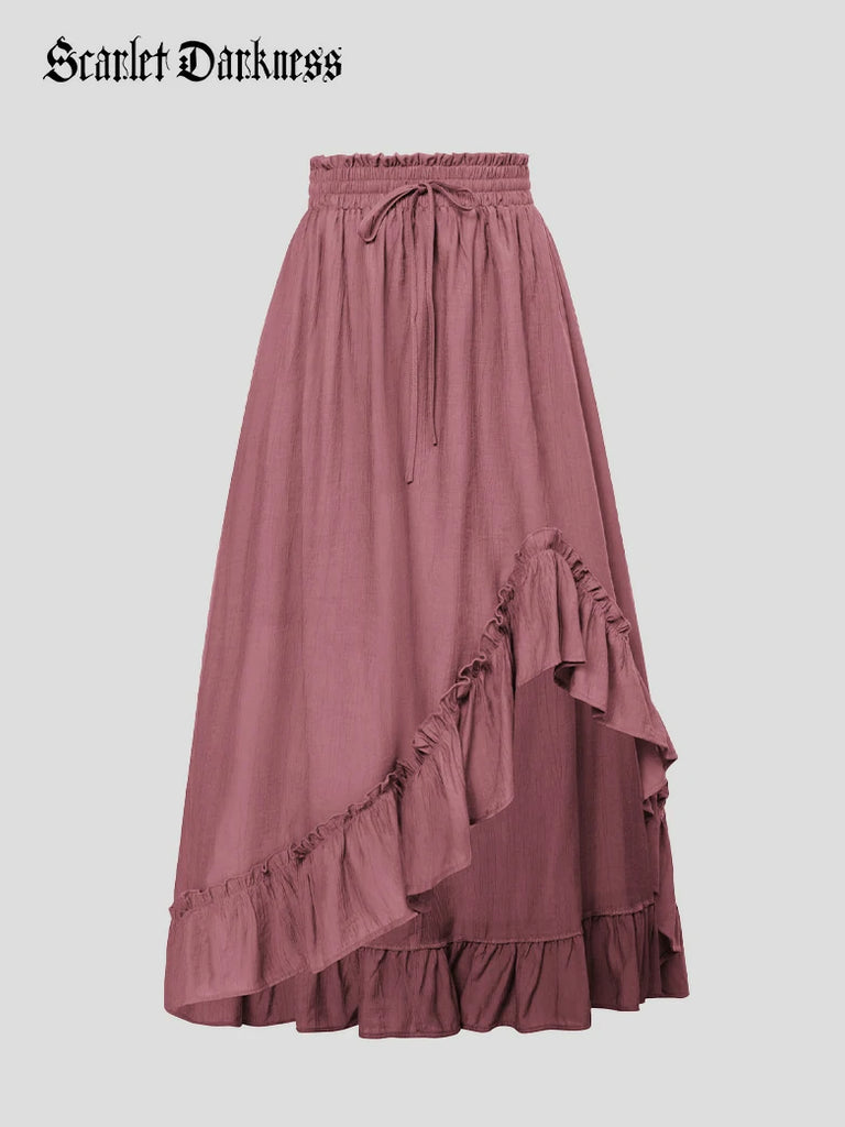 Scarlet Darkness Slub Cotton Renaissance Drawstring Waist Pocket Skirt Pink