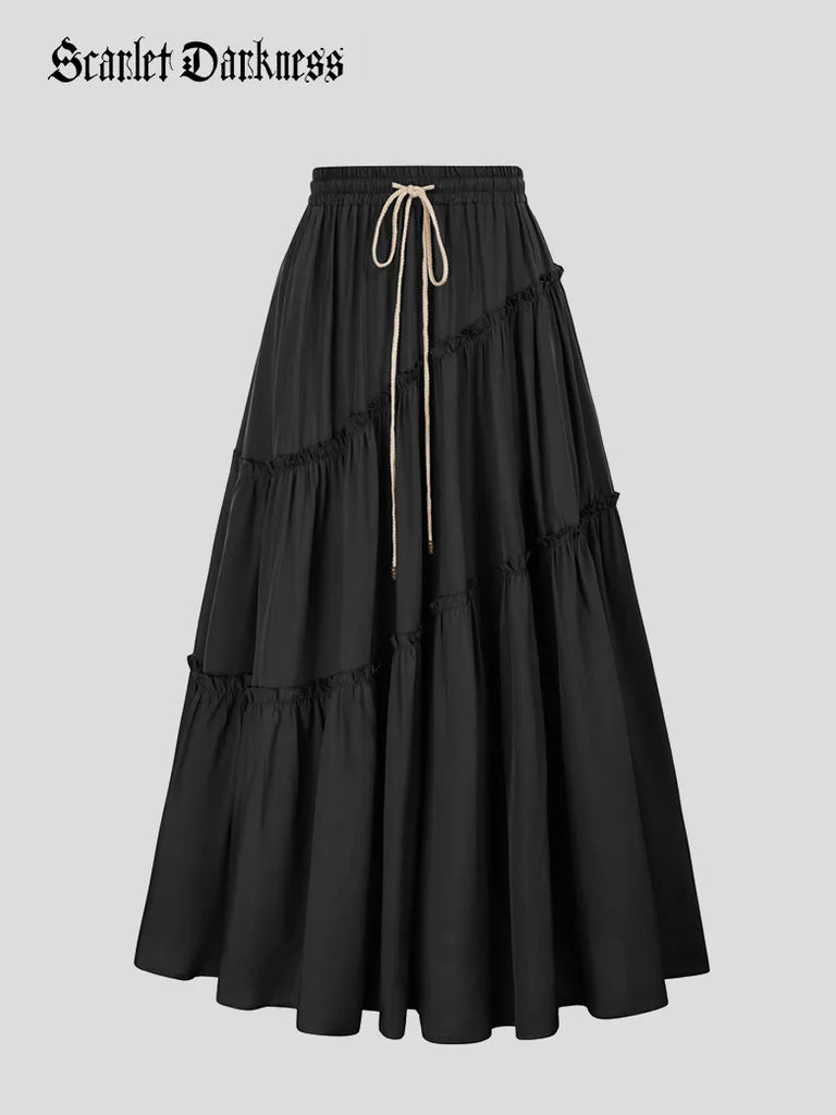 Women Pleated Tiered Swing Skirt Drawstring Waist Maxi Skirt Scarlet Darkness