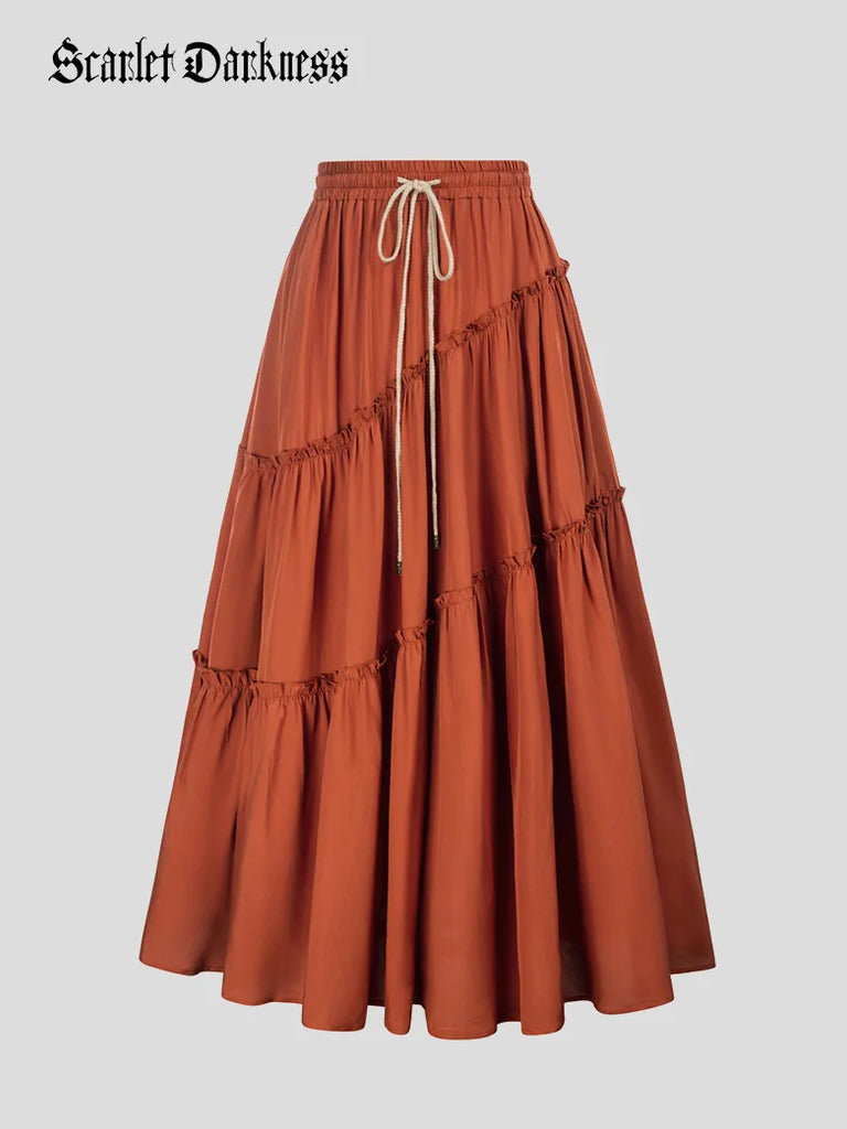 Women Pleated Tiered Swing Skirt Drawstring Waist Maxi Skirt SCARLET DARKNESS