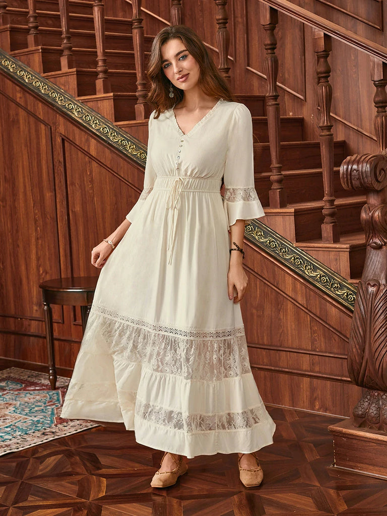 Scarlet Darkness Brown Renaissance Lace Hem Pockets Maxi Dress