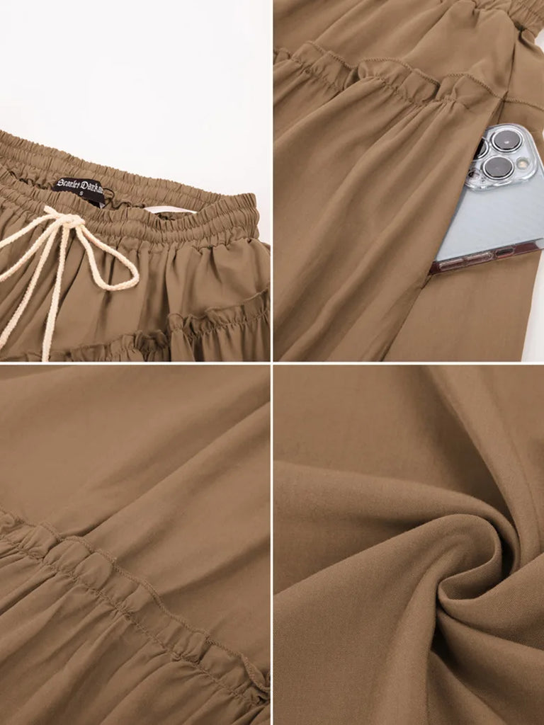 Women Pleated Tiered Swing Skirt Drawstring Waist Maxi Skirt SCARLET DARKNESS