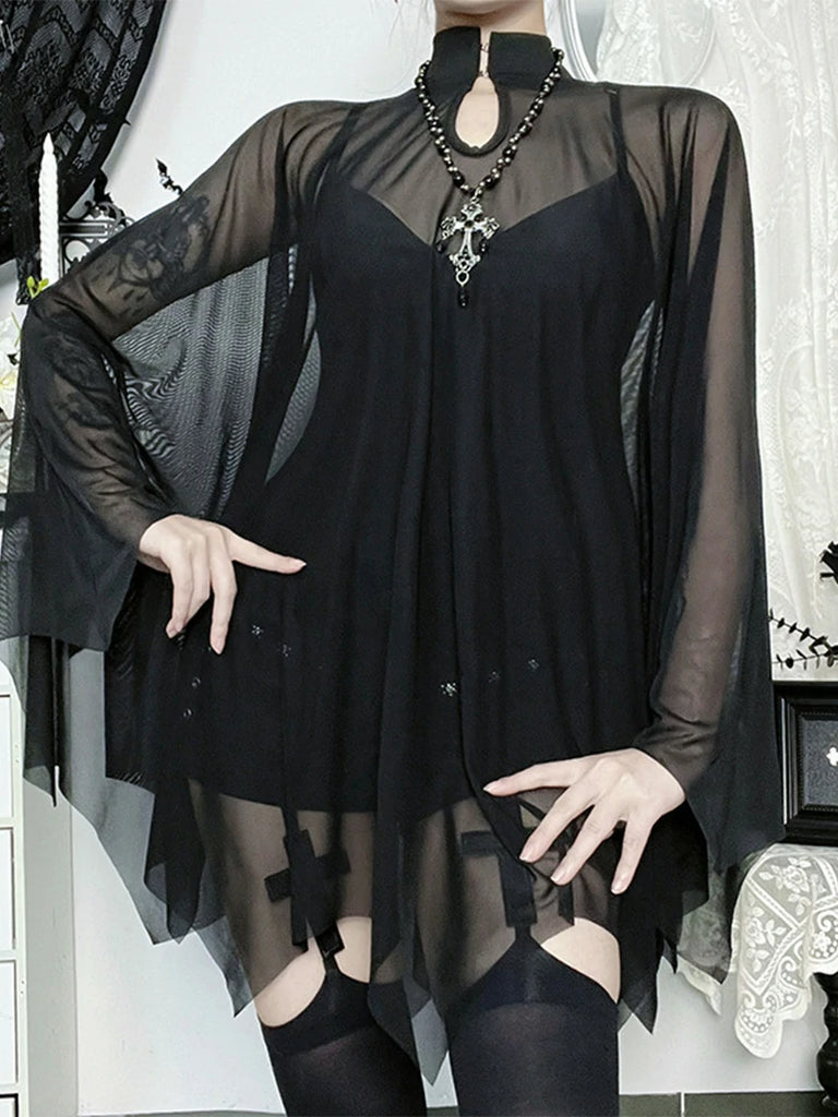 Scarlet Darkness Gothic Suspender Bodysuit Mesh Cape Two-Piece Set Black