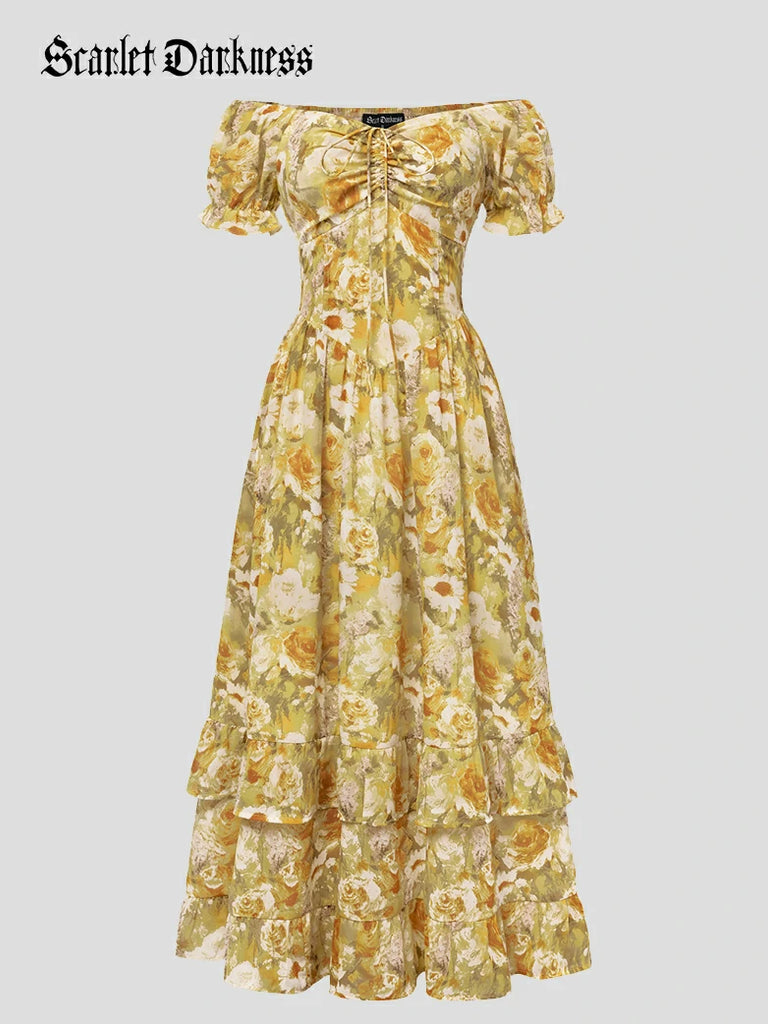 Scarlet Darkness Victoria Off Shoulder Double-Layer Hem Dress with Pockets Yellow