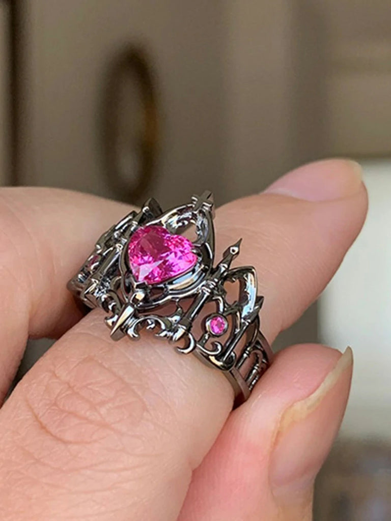 Scarlet Darkness Gothic Crown Pink Diamond Open Ring