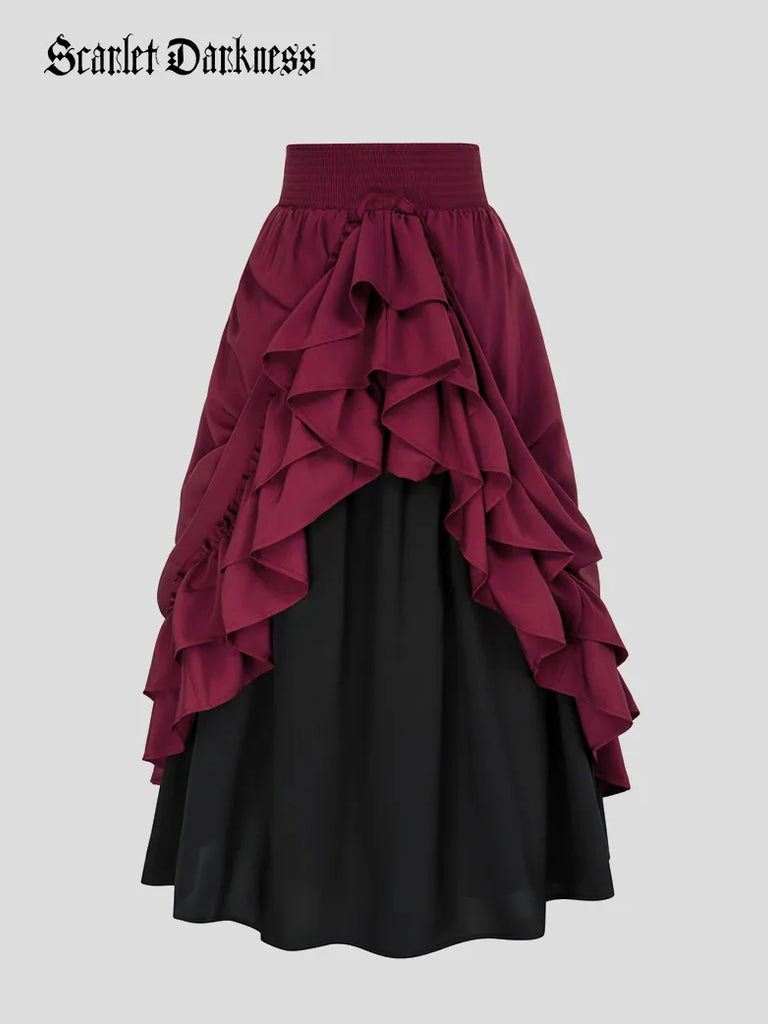 Victorian Dual Layer Ruffled Hem Back Adjustable Skirt Scarlet Darkness