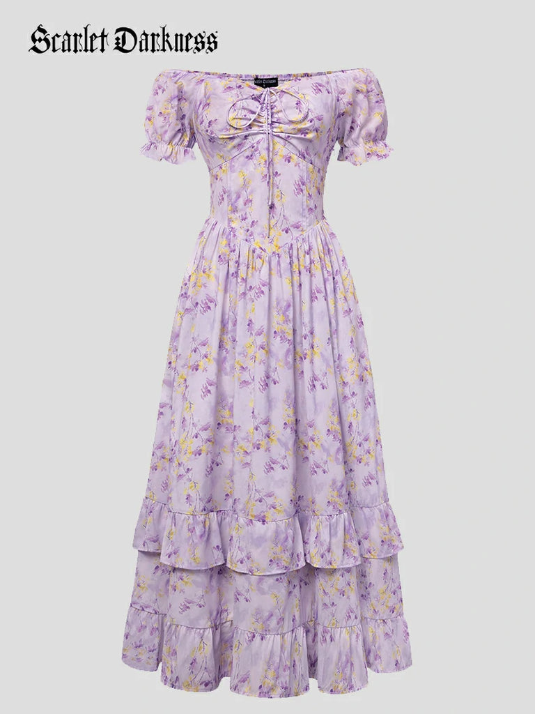 Scarlet Darkness Victoria Off Shoulder Double-Layer Hem Dress with Pockets Purple