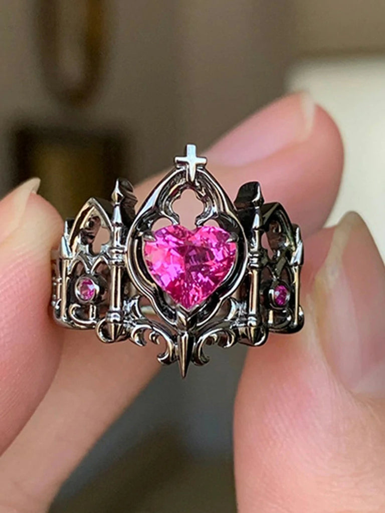 Scarlet Darkness Gothic Crown Pink Diamond Open Ring