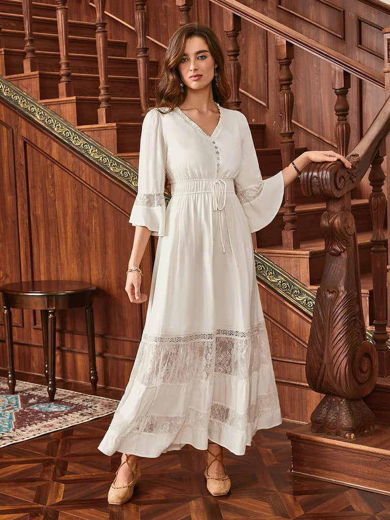 Scarlet Darkness Brown Renaissance Lace Hem Pockets Maxi Dress