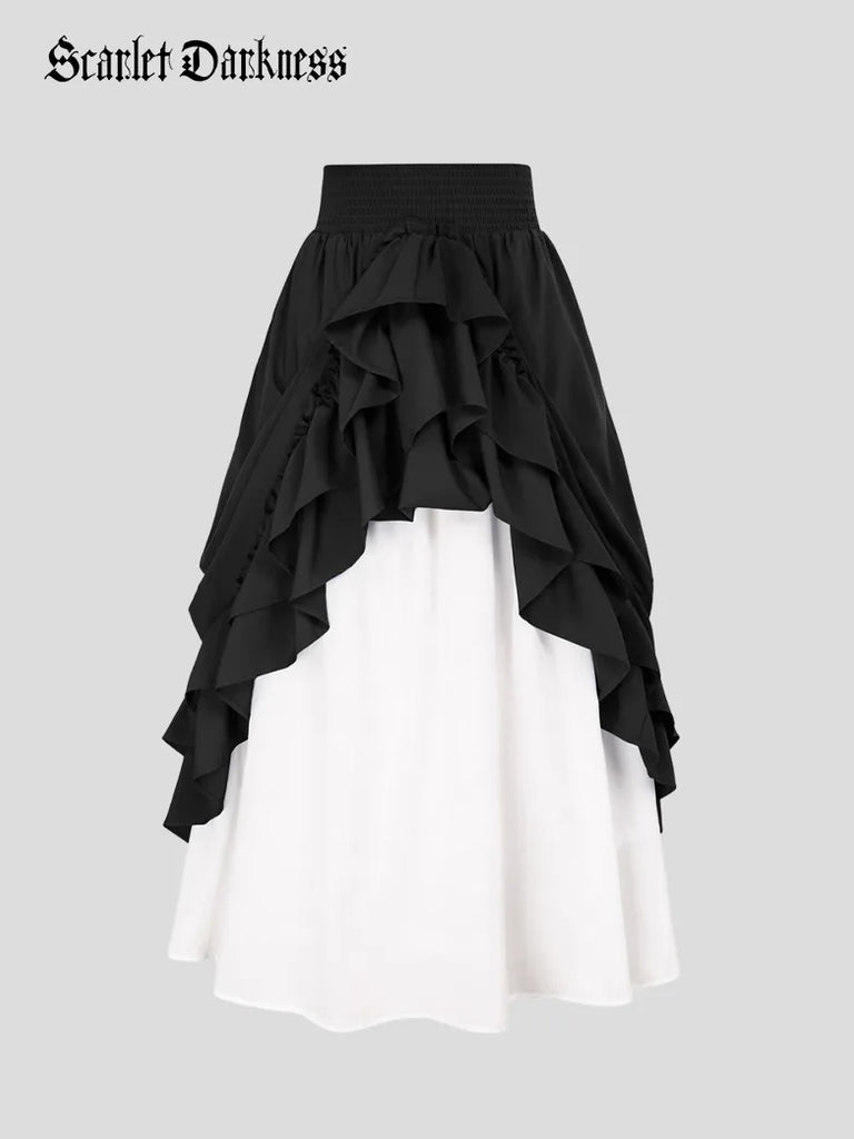Victorian Dual Layer Ruffled Hem Back Adjustable Skirt Scarlet Darkness
