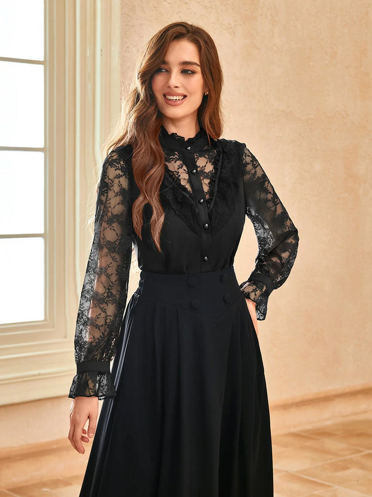 Scarlet Darkness Victorian Lace Patchwork Stand Collar Shirt Tops