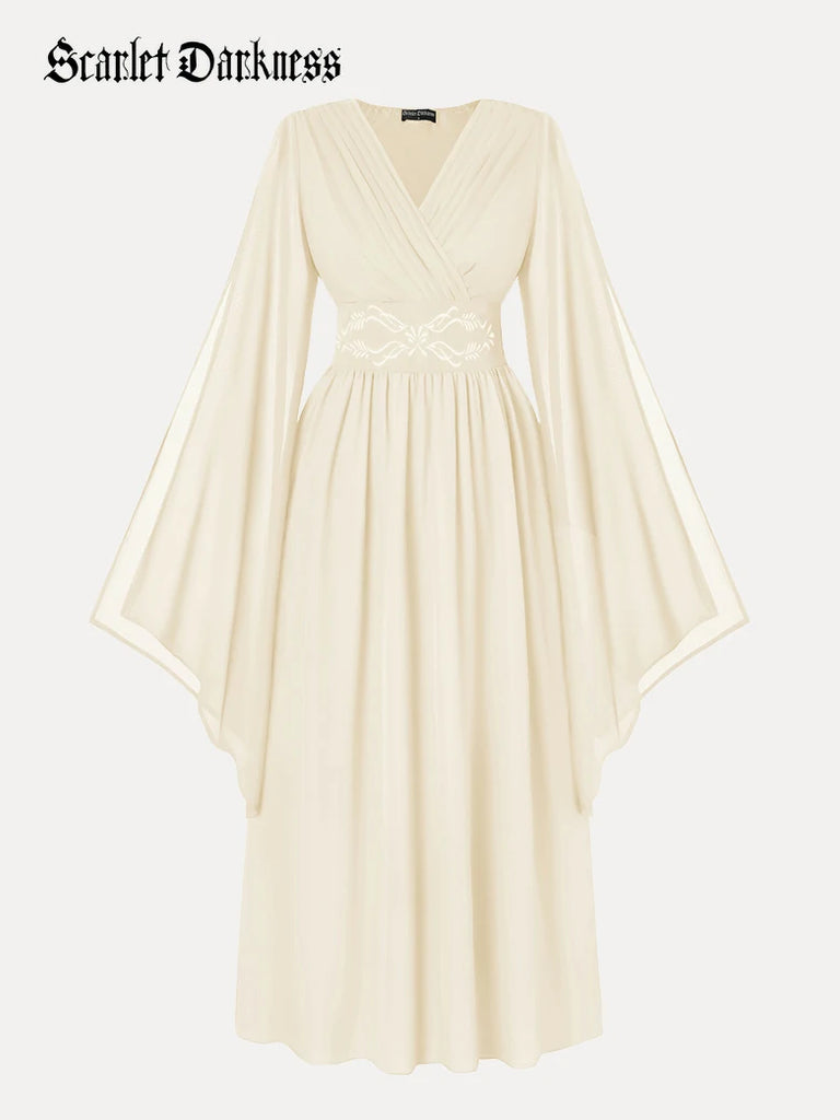 Scarlet Darkness Renaissance Purple Embroidered Chiffon Pockets Dress Apricot