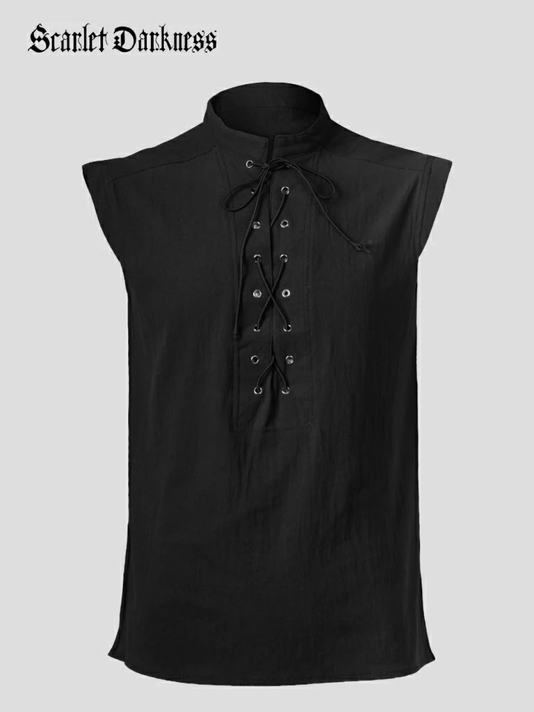 Scarlet Darkness Medieval Warrior Men's Stand Collar Lace-up Vest Black