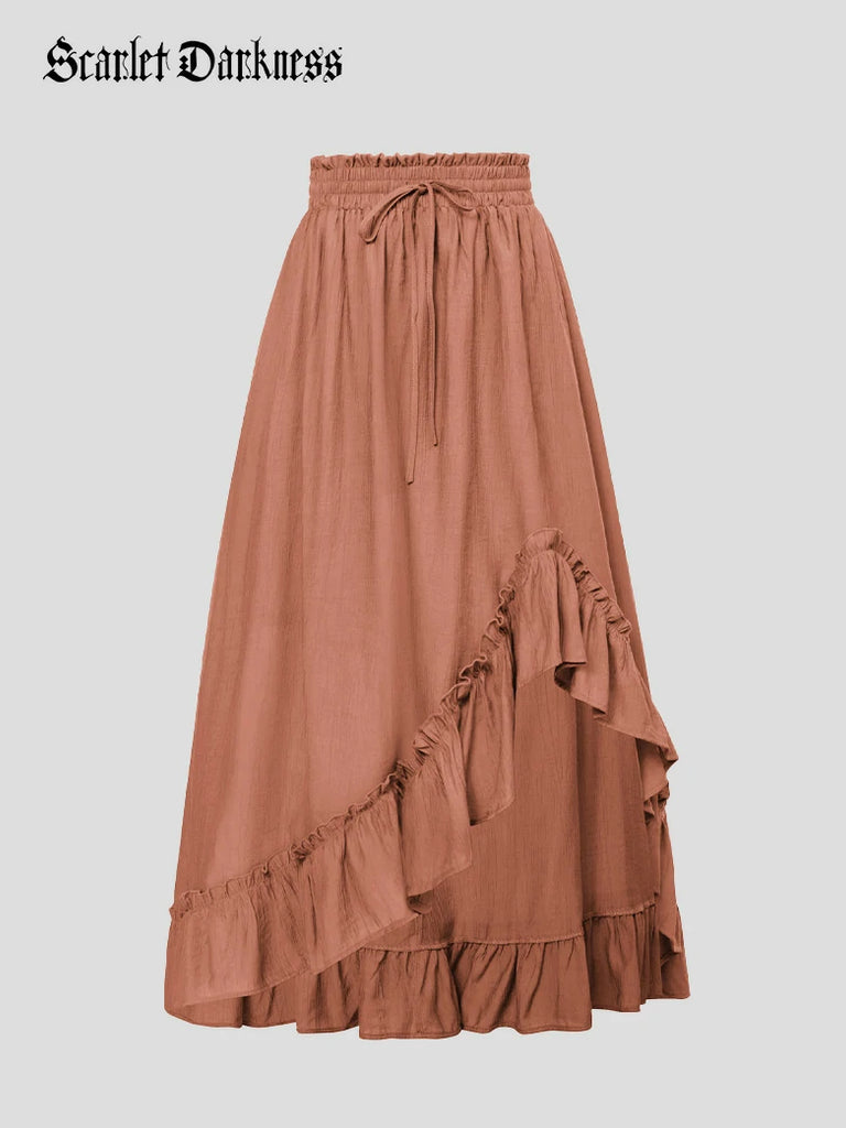 Scarlet Darkness Slub Cotton Renaissance Drawstring Waist Pocket Skirt Orange