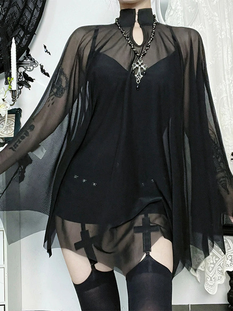 Scarlet Darkness Gothic Suspender Bodysuit Mesh Cape Two-Piece Set