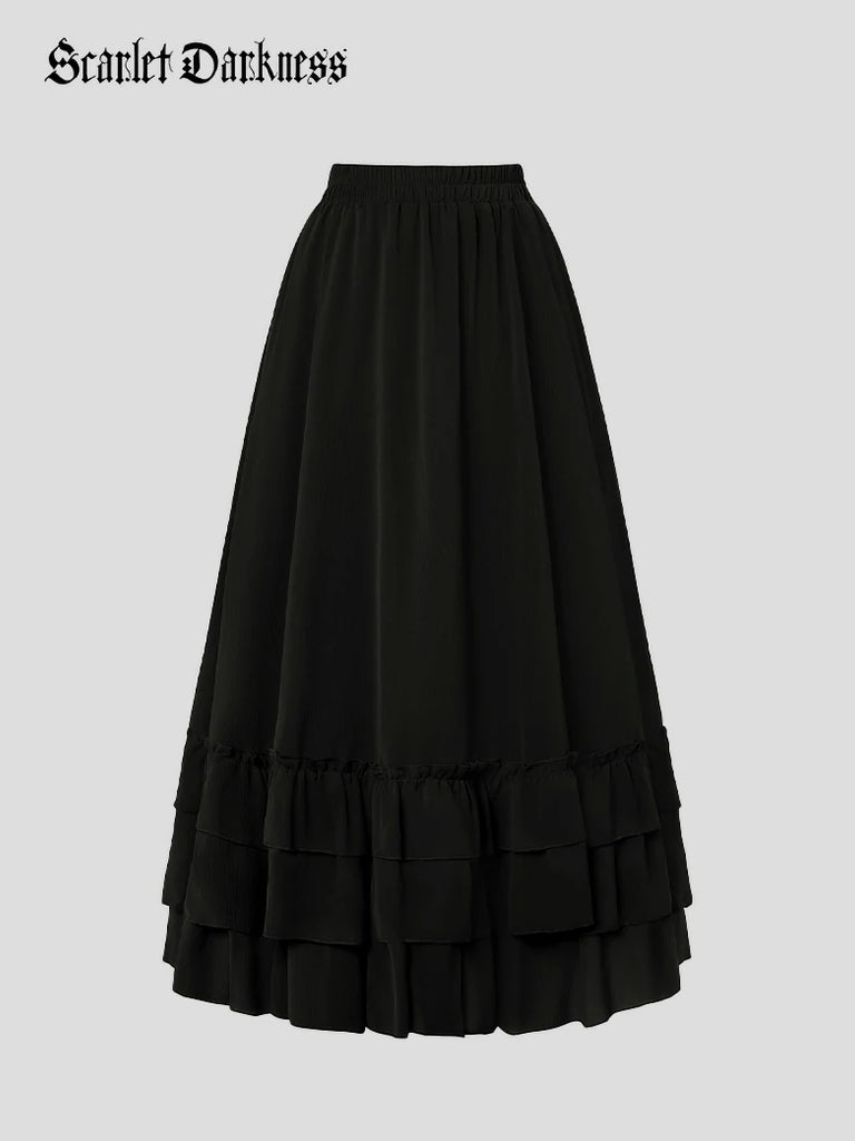 Scarlet Darkness Women Renaissance Tiered Swing Pocket Skirts Black