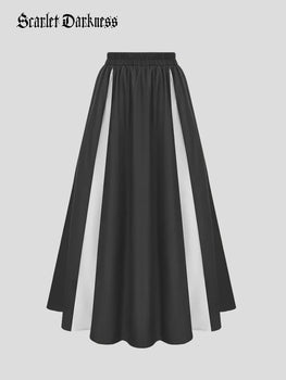 Women Patchwork Skirt Elastic Waist A-Line Maxi Skirt Scarlet Darkness