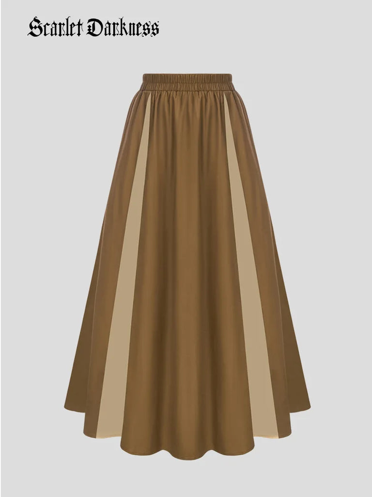 Women Patchwork Skirt Elastic Waist A-Line Maxi Skirt Scarlet Darkness