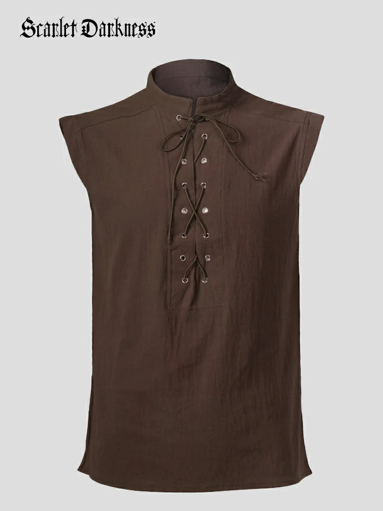 Scarlet Darkness Medieval Warrior Men's Stand Collar Lace-up Vest Brown