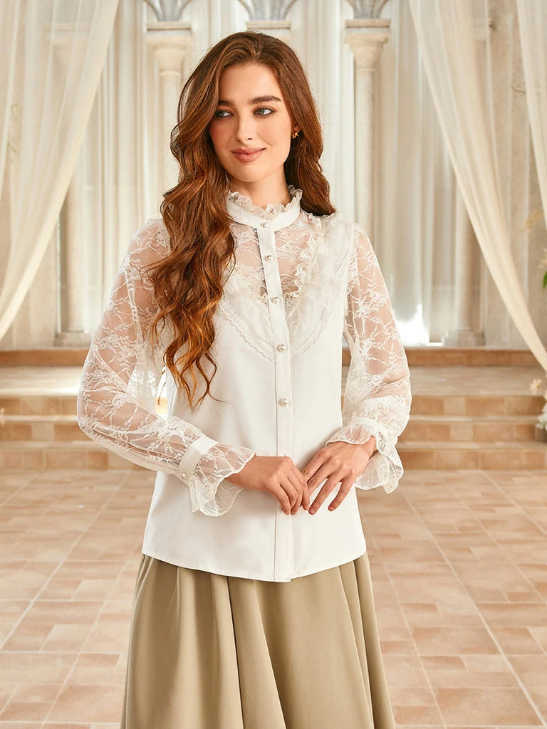 Scarlet Darkness Victorian Lace Patchwork Stand Collar Shirt Tops