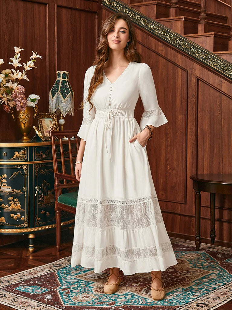 Scarlet Darkness Brown Renaissance Lace Hem Pockets Maxi Dress