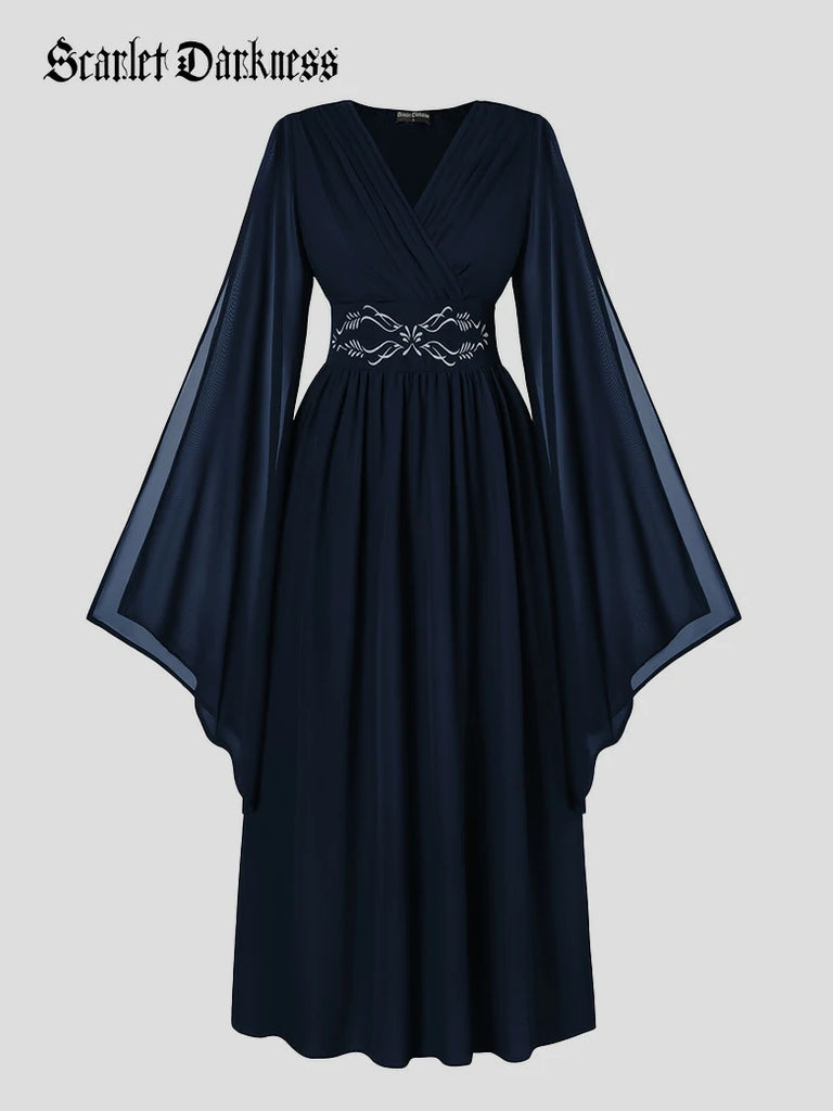 Scarlet Darkness Renaissance Purple Embroidered Chiffon Pockets Dress Blue