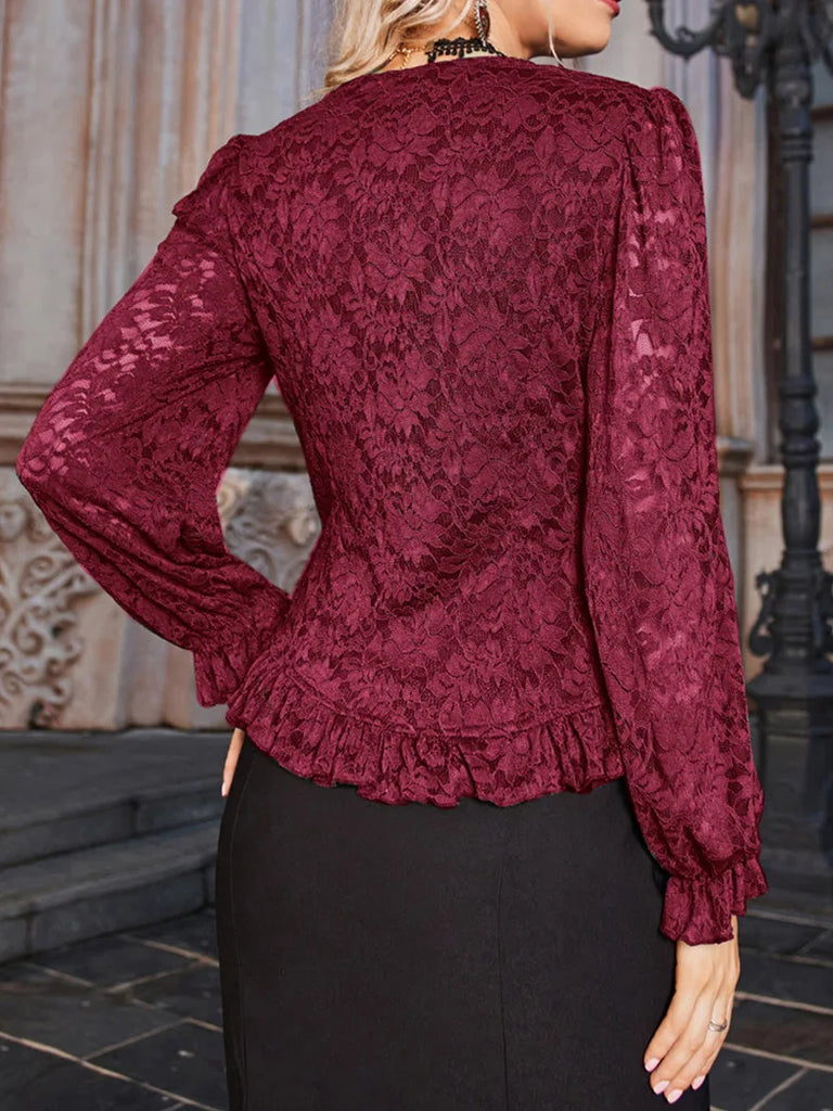 Women Victorian Lace Tops Curved Hem Pullover Tops SCARLET DARKNESS