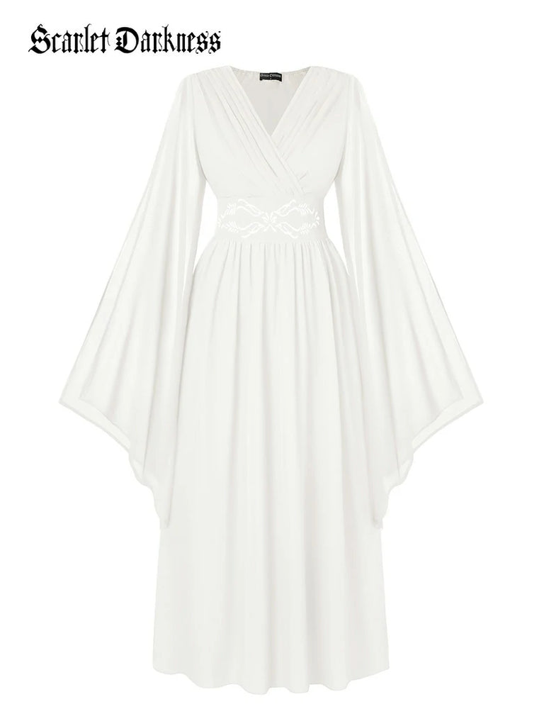 Scarlet Darkness Renaissance Purple Embroidered Chiffon Pockets Dress White
