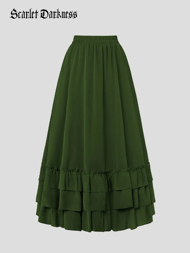 Scarlet Darkness Women Renaissance Tiered Swing Pocket Skirts Green