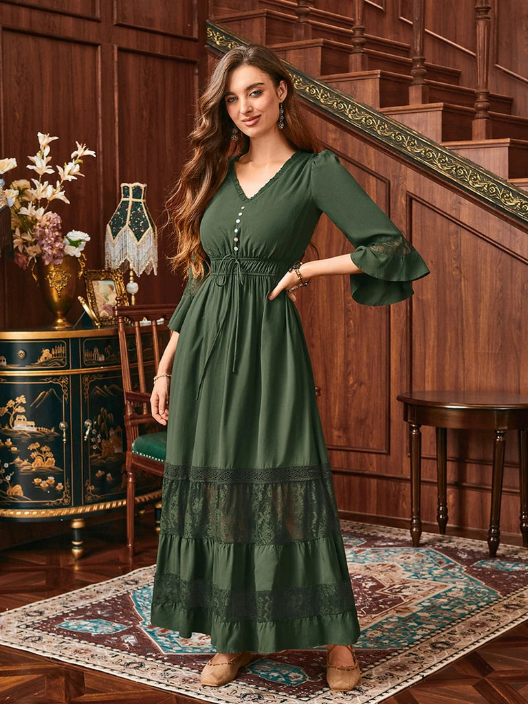 Scarlet Darkness Brown Renaissance Lace Hem Pockets Maxi Dress