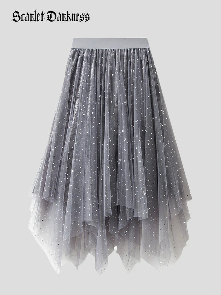 Scarlet Darkness Women Puffy Star Mesh Irregular Hem Skirt Grey 60cm-100cm