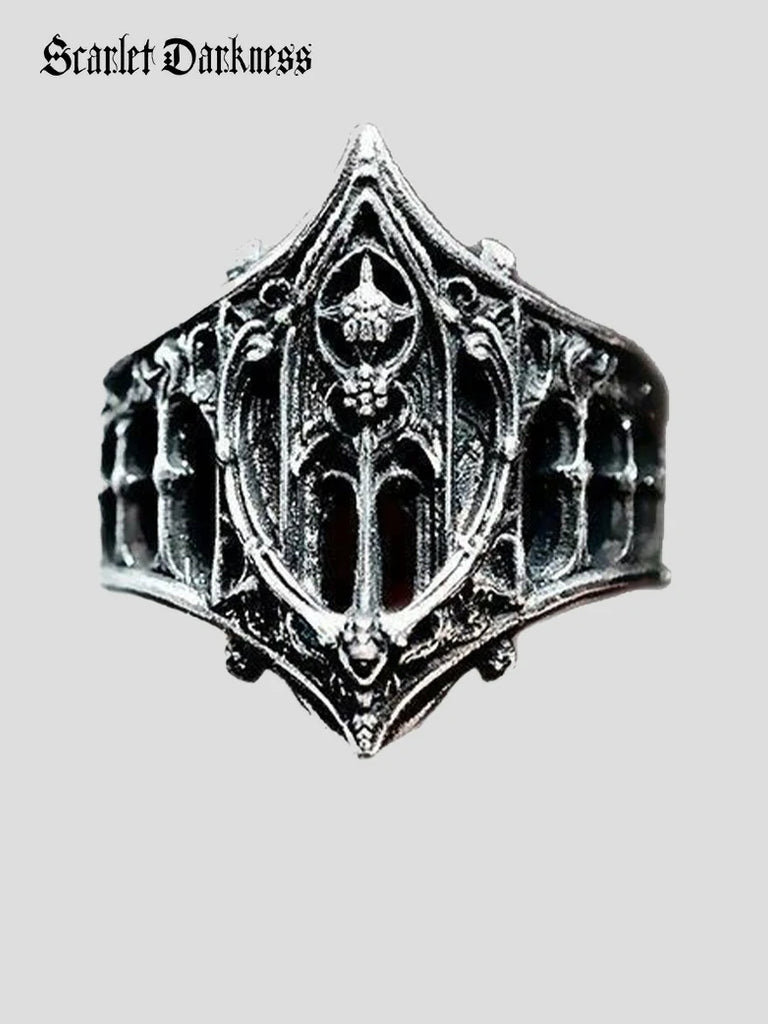 Scarlet Darkness Classical Gothic Medieval Castle Totem Ring Silver