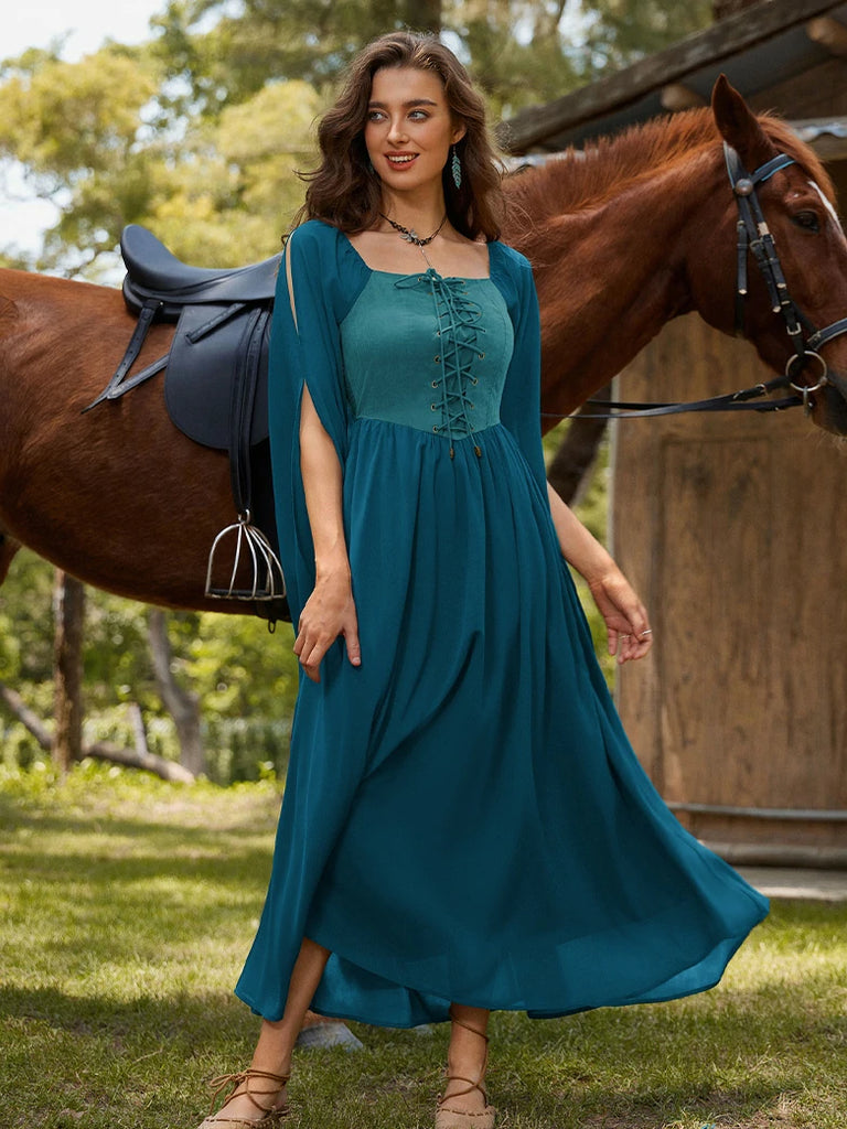 Scarlet Darkness Renaissance Corset Dress Contrast Slit Sleeve Pocket Dress