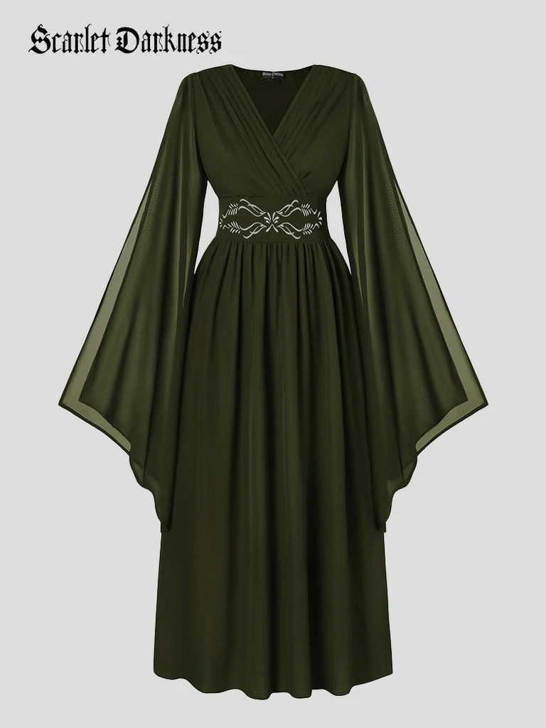 Scarlet Darkness Renaissance Purple Embroidered Chiffon Pockets Dress Olive green