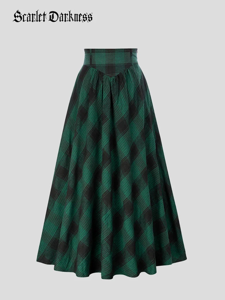 Women Renaissance Maxi Skirt Elastic Plaided Swing Skirt Scarlet Darkness