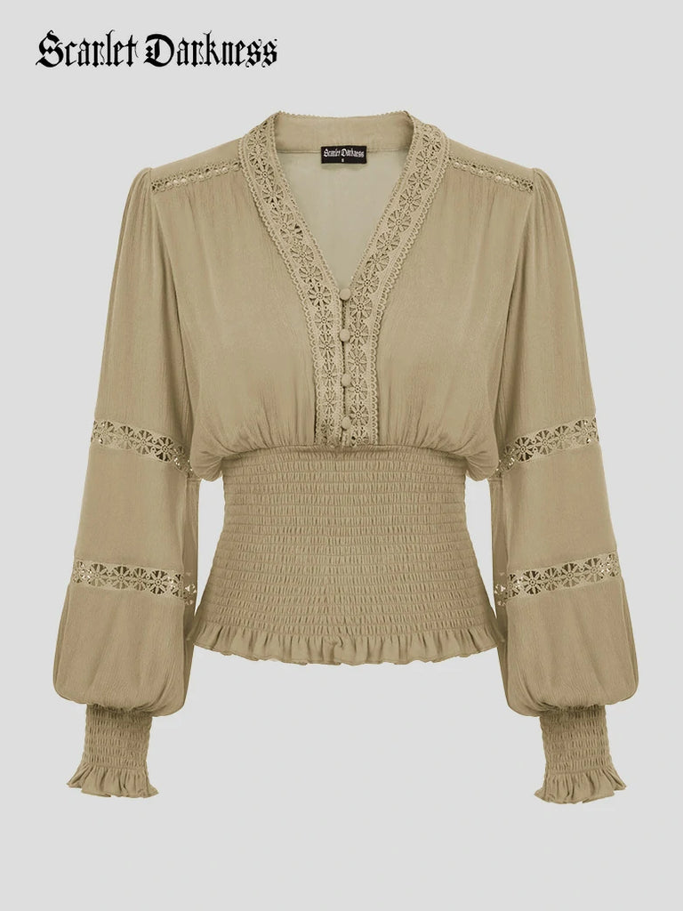 Scarlet Darkness Smocked Waist Renaissance Cotton Peasant Tops Khaki