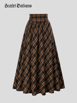 Women Renaissance Maxi Skirt Elastic Plaided Swing Skirt SCARLET DARKNESS