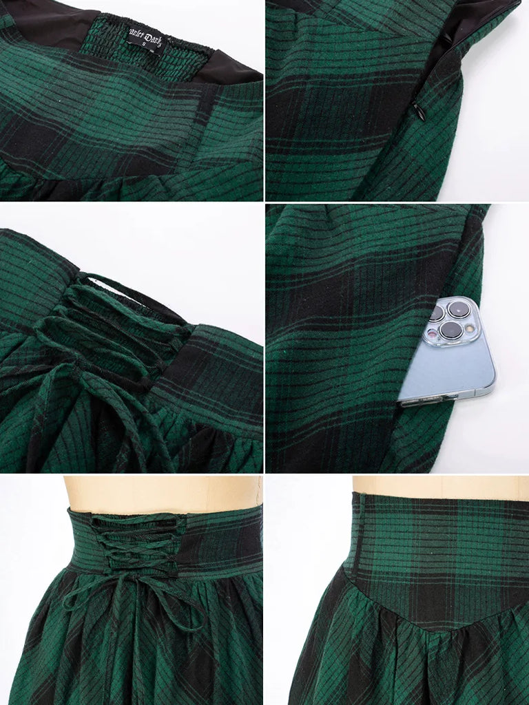 Women Renaissance Maxi Skirt Elastic Plaided Swing Skirt Scarlet Darkness